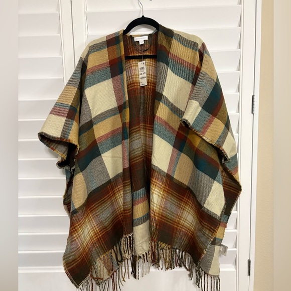 NWT Charter Club Spice Multicolor Plaid Fringe Topper Shawl Wrap - Picture 1 of 4